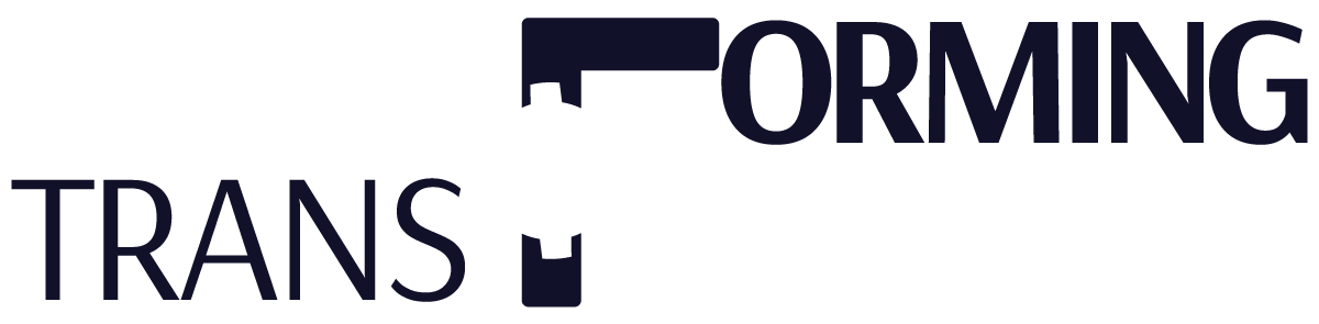 FORMING TRANS logo in black and blue text with bracket-like graphic marks