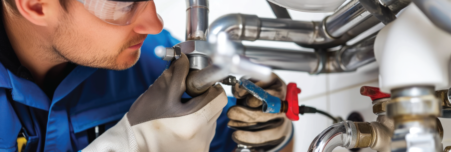 A man is fixing a pipe with a wrench.