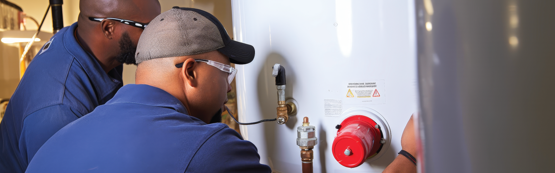 Two men are working on a water heater.