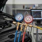 Color-coded AC manifold gauges with blue and red hoses attached to car air-conditioning ports | PC Auto Repair
