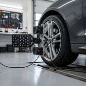 Wheel alignment machine measuring a gray car’s front tire in an auto repair shop | PC Auto Repair