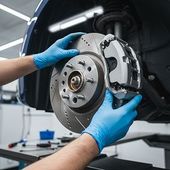 Mechanic in blue gloves replacing a car brake rotor in a garage | PC Auto Repair