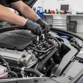 Mechanic’s gloved hands working on a car engine in a garage | PC Auto Repair
