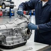 Mechanic in blue gloves inspecting a transmission on a workbench in an auto shop | PC Auto Repair