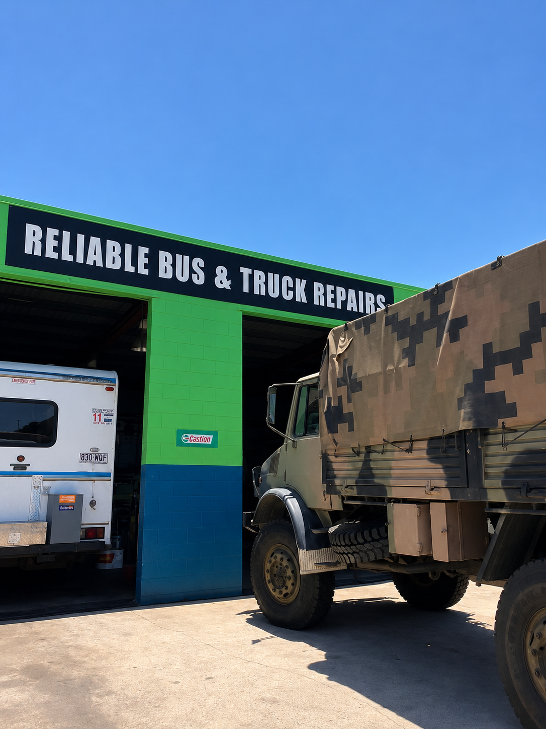Military Truck Parked Outside Reliable Bus & Truck Repair — Reliable Bus and Truck Repairs In Caloundra West, QLD