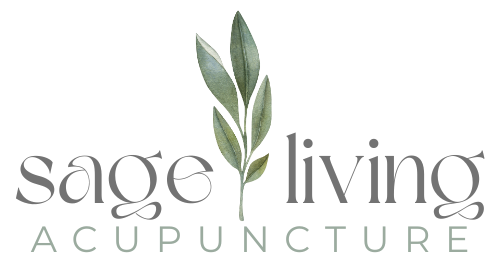 The logo for sage living acupuncture has a leaf on it.