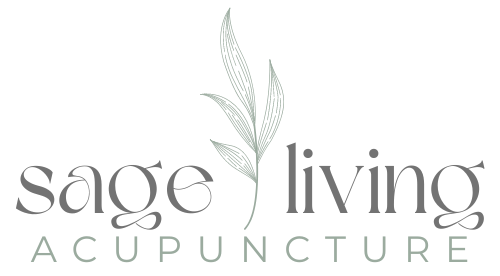 The logo for sage living acupuncture has a plant and leaves on it.