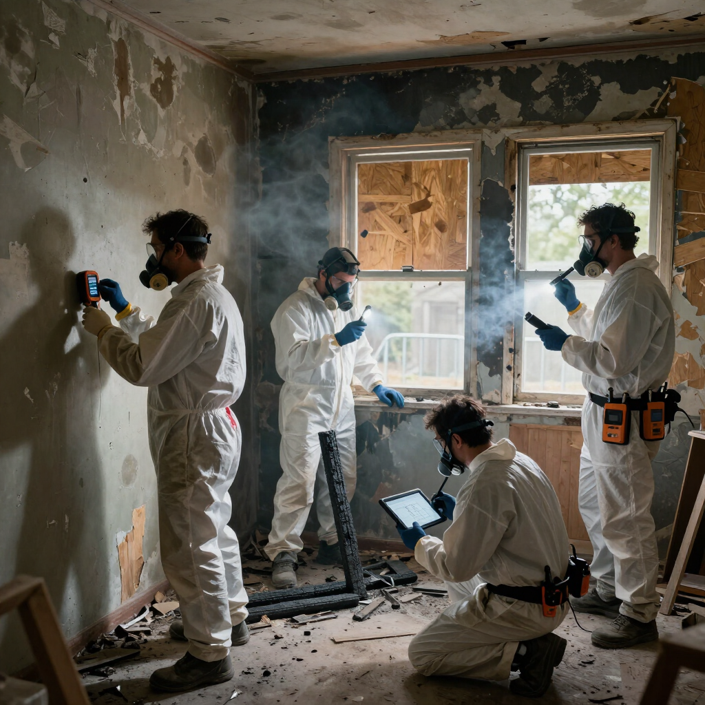 Crew assessing fire damage in a home