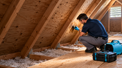 Worker inspecting attic insulation with tools in a wooden attic space.