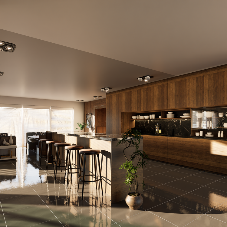 Modern kitchen and dining area with wood cabinets, bar stools, and sunlight streaming through large windows
