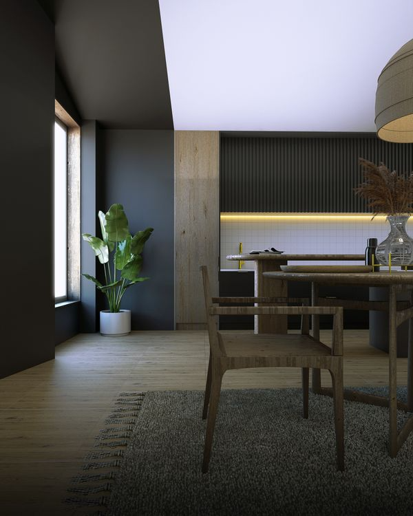 Modern dining room with wooden table, dark walls, plant by window, and warm under-cabinet lighting