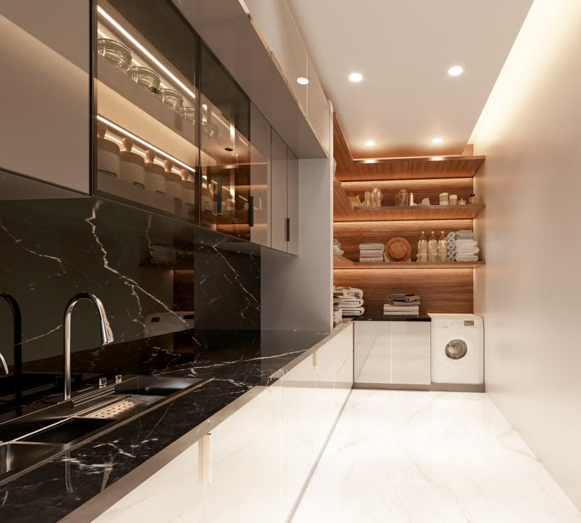 Modern minimalist galley kitchen with black marble counters, glossy cabinets, and wooden shelving