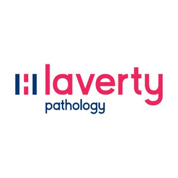 Halverty pathology logo in pink and navy blue on a white background