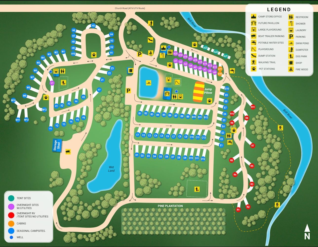 A map of a campground with a river and trees