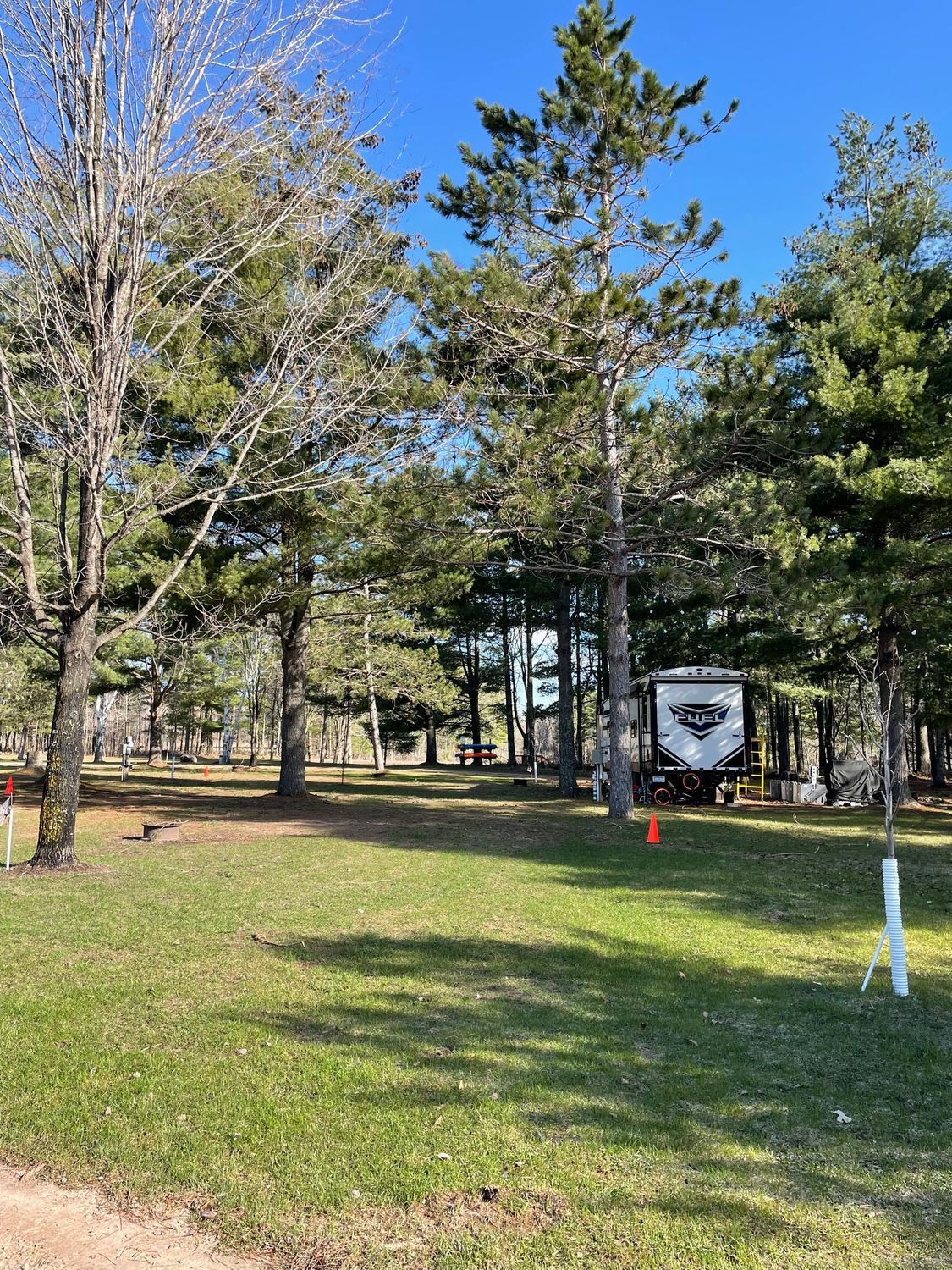 A rv is parked in a grassy field surrounded by trees.