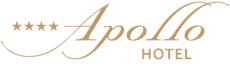 Logo hotela Apollo zlatým písmom so štyrmi hviezdičkami a zakrivenou čiarou na bielom pozadí