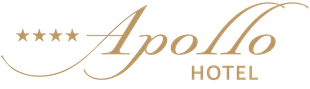 Logo hotela Apollo zlatým písmom so štyrmi hviezdičkami a zakrivenou čiarou na bielom pozadí