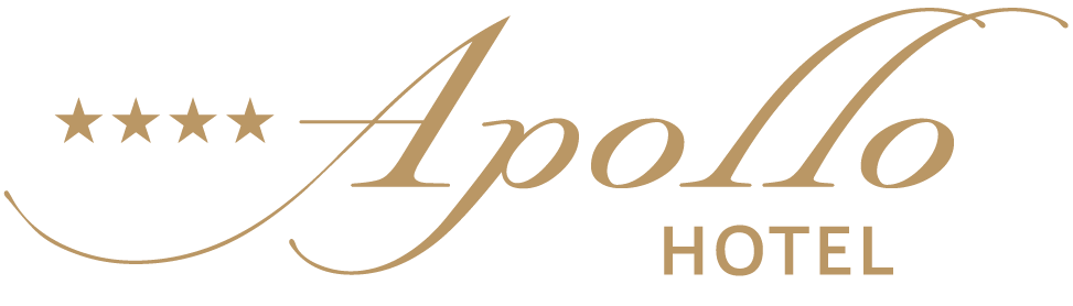 Logo hotela Apollo zlatým písmom so štyrmi hviezdičkami a zakrivenou čiarou na bielom pozadí