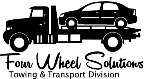 The logo for four wheel solutions towing and transport division shows a tow truck towing a car.