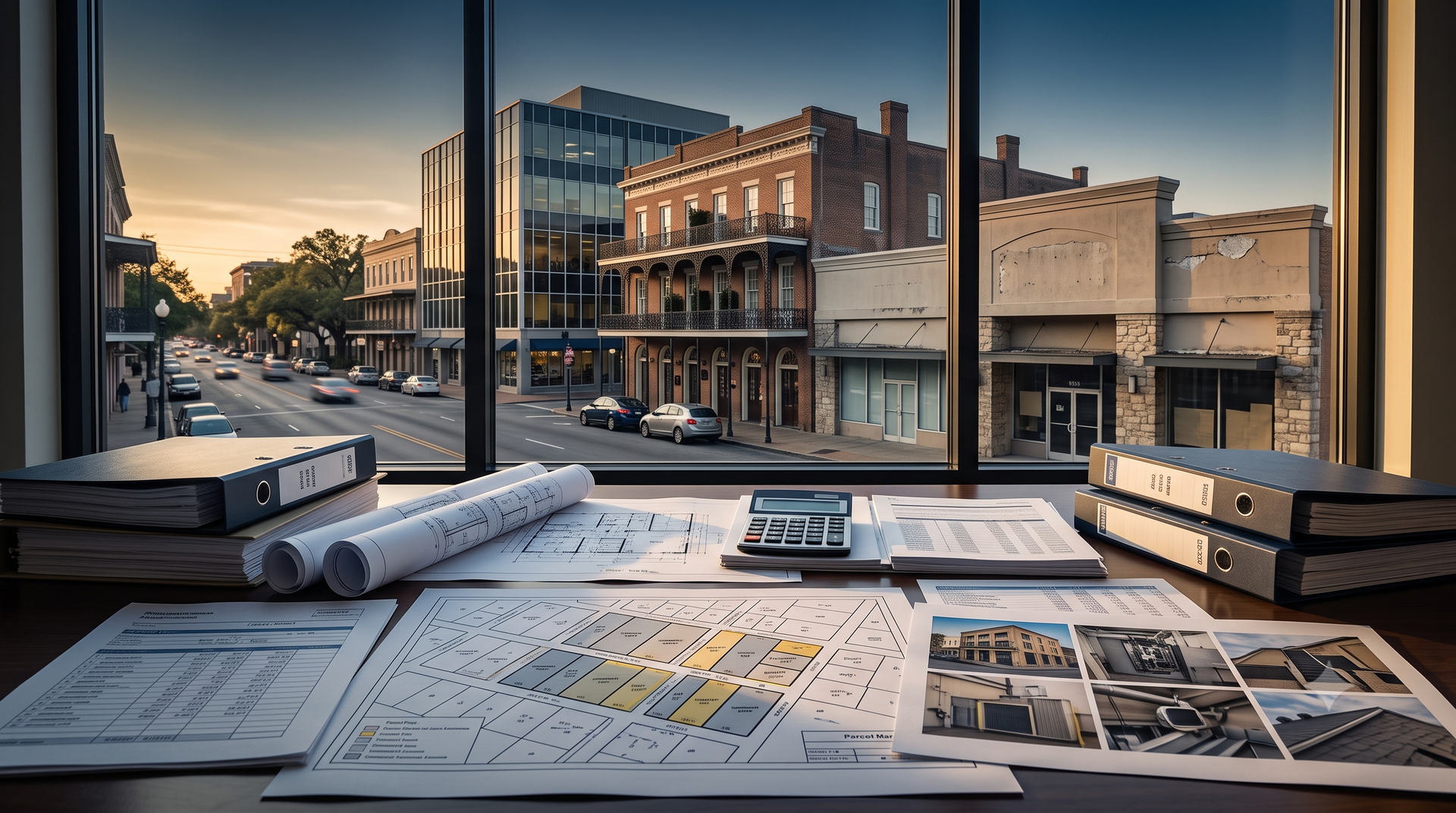 Streetscape image showing three buildings ranging from new to having some wear and tear.