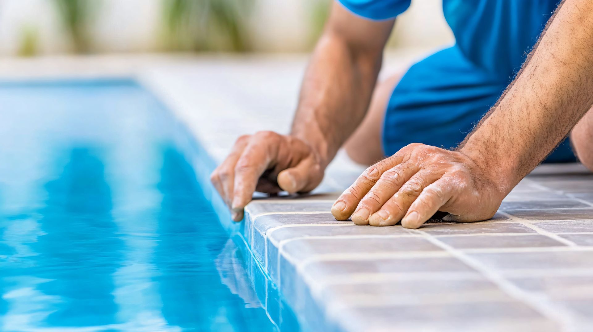 Contractor kneels to set border tiles during residential pool installation. Contractor kneels to set border tiles during residential pool installation.