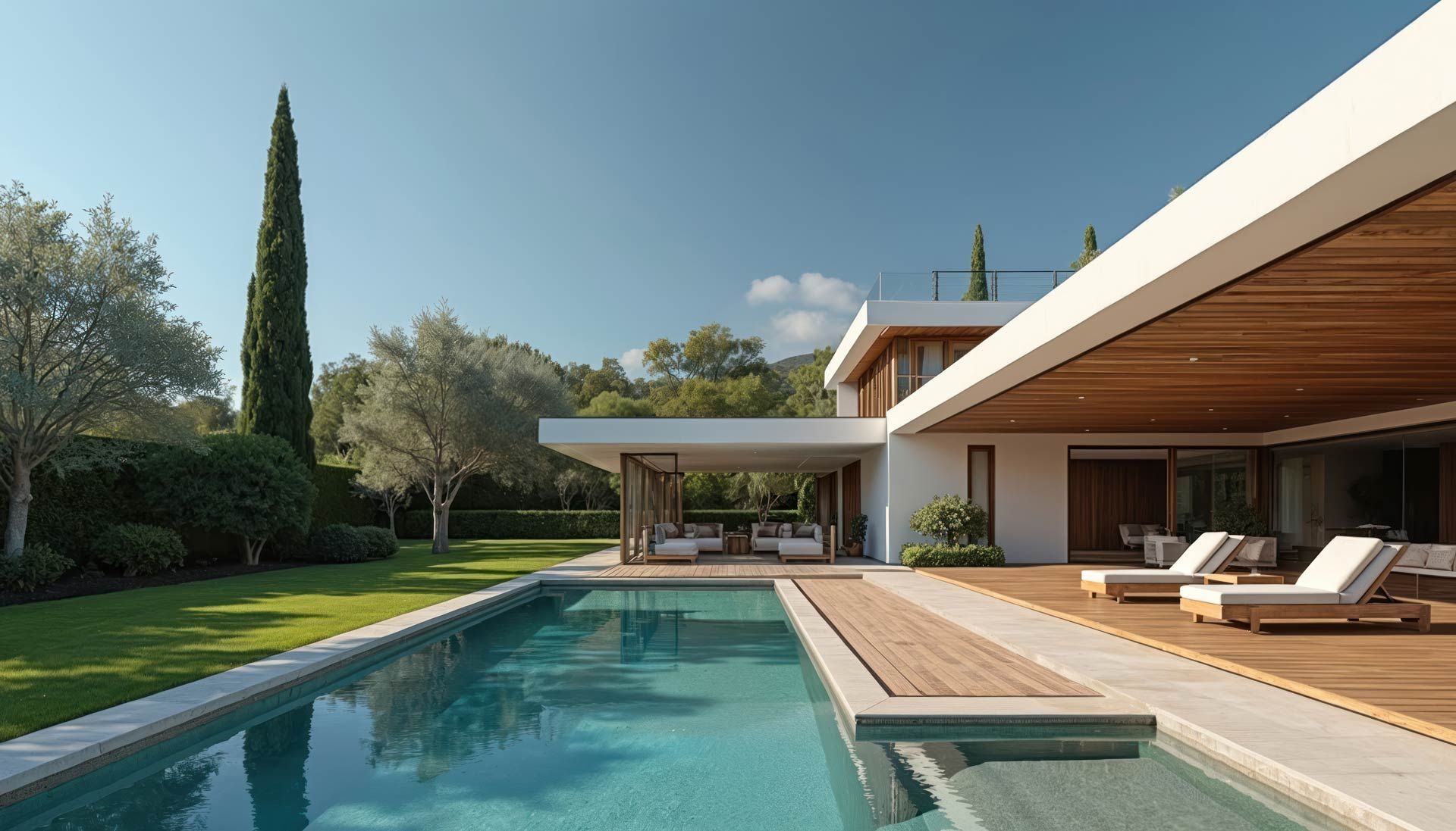Luxury home exterior near swimming pool shows modern architecture. Luxury home exterior near swimming pool shows modern architecture.