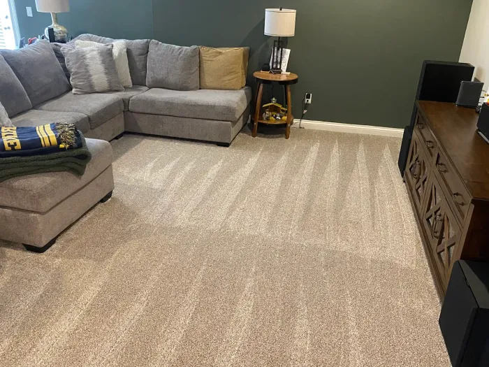 A living room with a gray sectional sofa, a small side table with a lamp, and freshly vacuumed tan carpet.