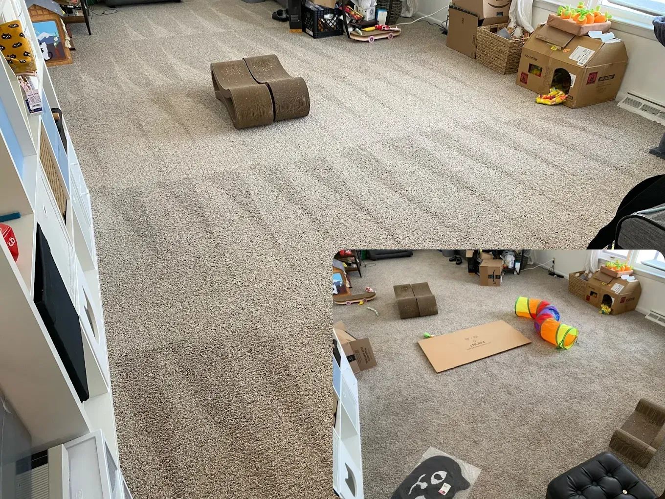 A carpeted room with cat furniture, including cardboard scratching structures, a toy tunnel, and boxes for pets.