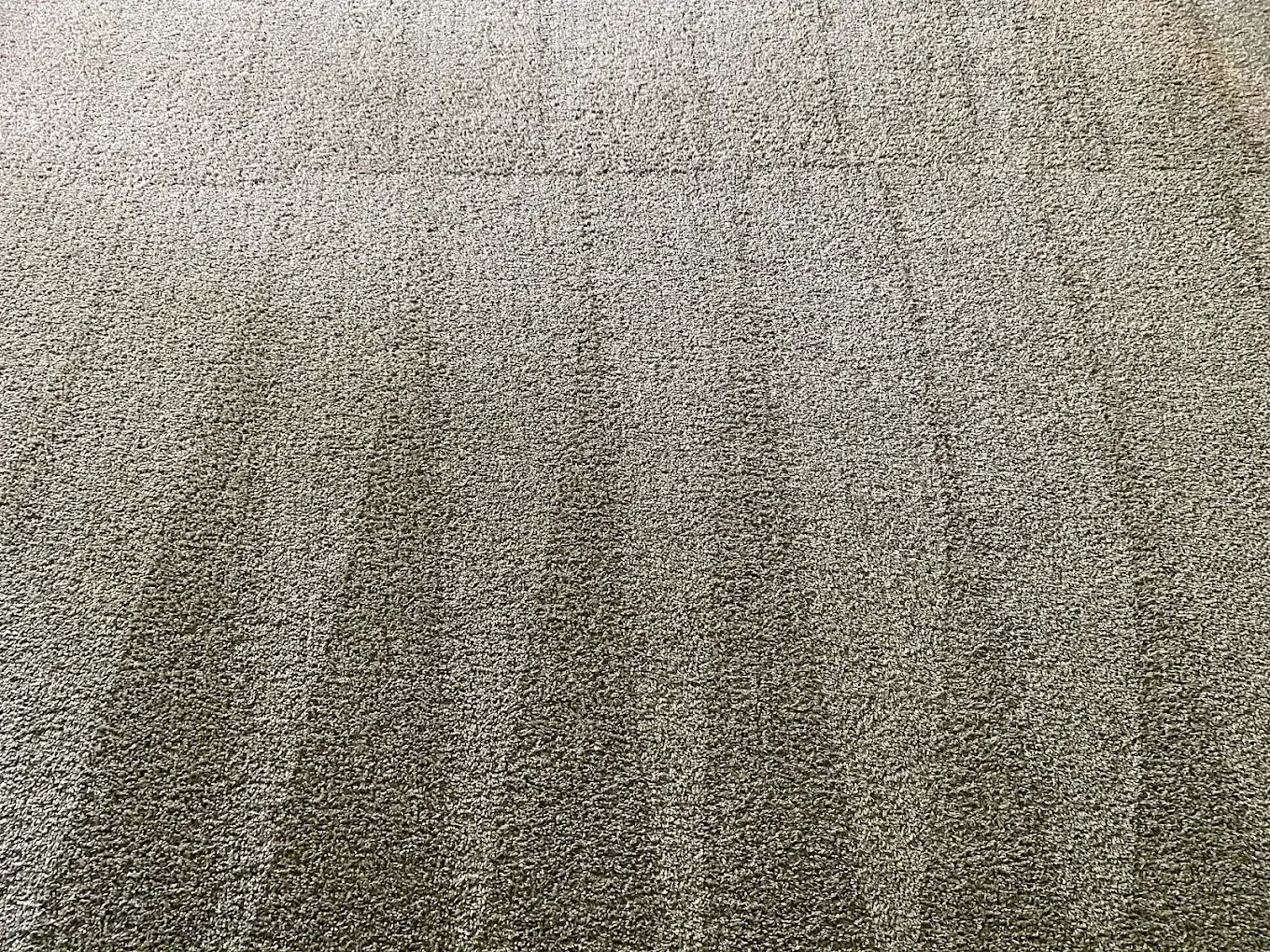 A close-up of textured grey carpet showing faint, vertical vacuum tracks or cleaning patterns.