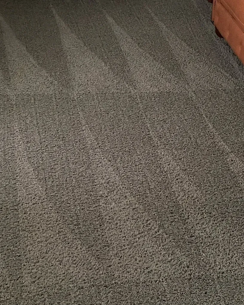 Gray carpet showing distinct, light-colored vacuum cleaner lines in a repeating pattern across the floor.