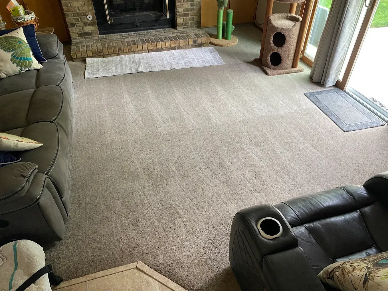 Living room with gray carpet, two dark gray sofas, a fireplace, and a cat tower near a glass sliding door.