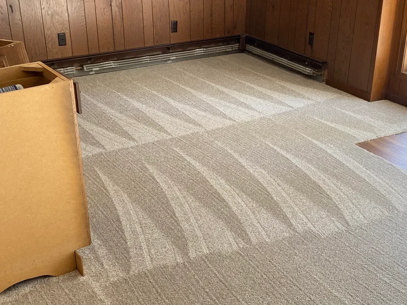 Beige carpet in a room with wood-paneled walls showing cleaning wand marks, with a cardboard box in the foreground.