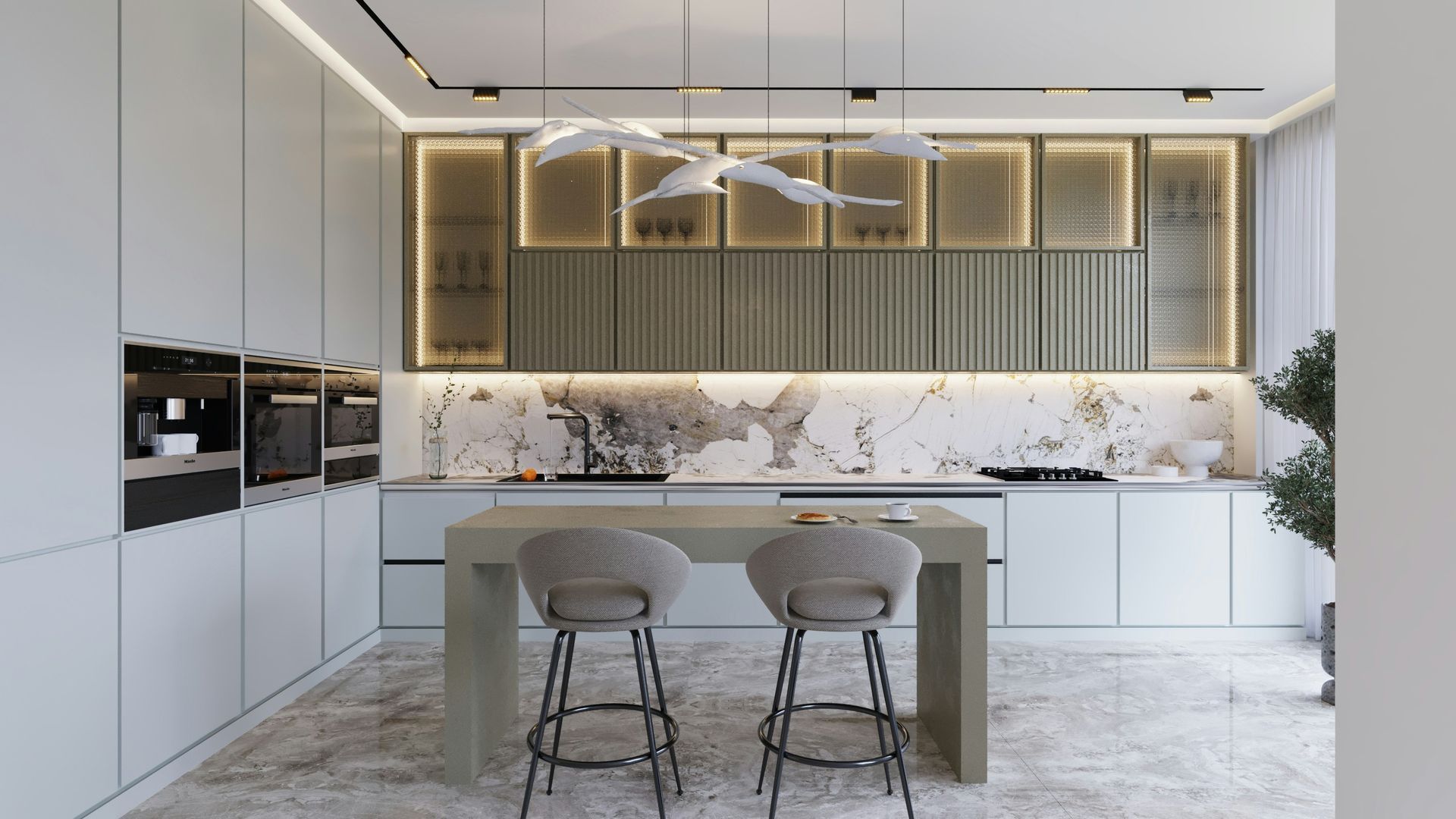 Modern white kitchen with island, bar stools, marble backsplash, and warm gold lighting