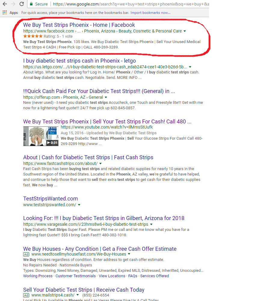 A google search page with a red circle around the top of the page