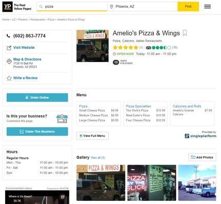 A screenshot of a website for amelia 's pizza and wings