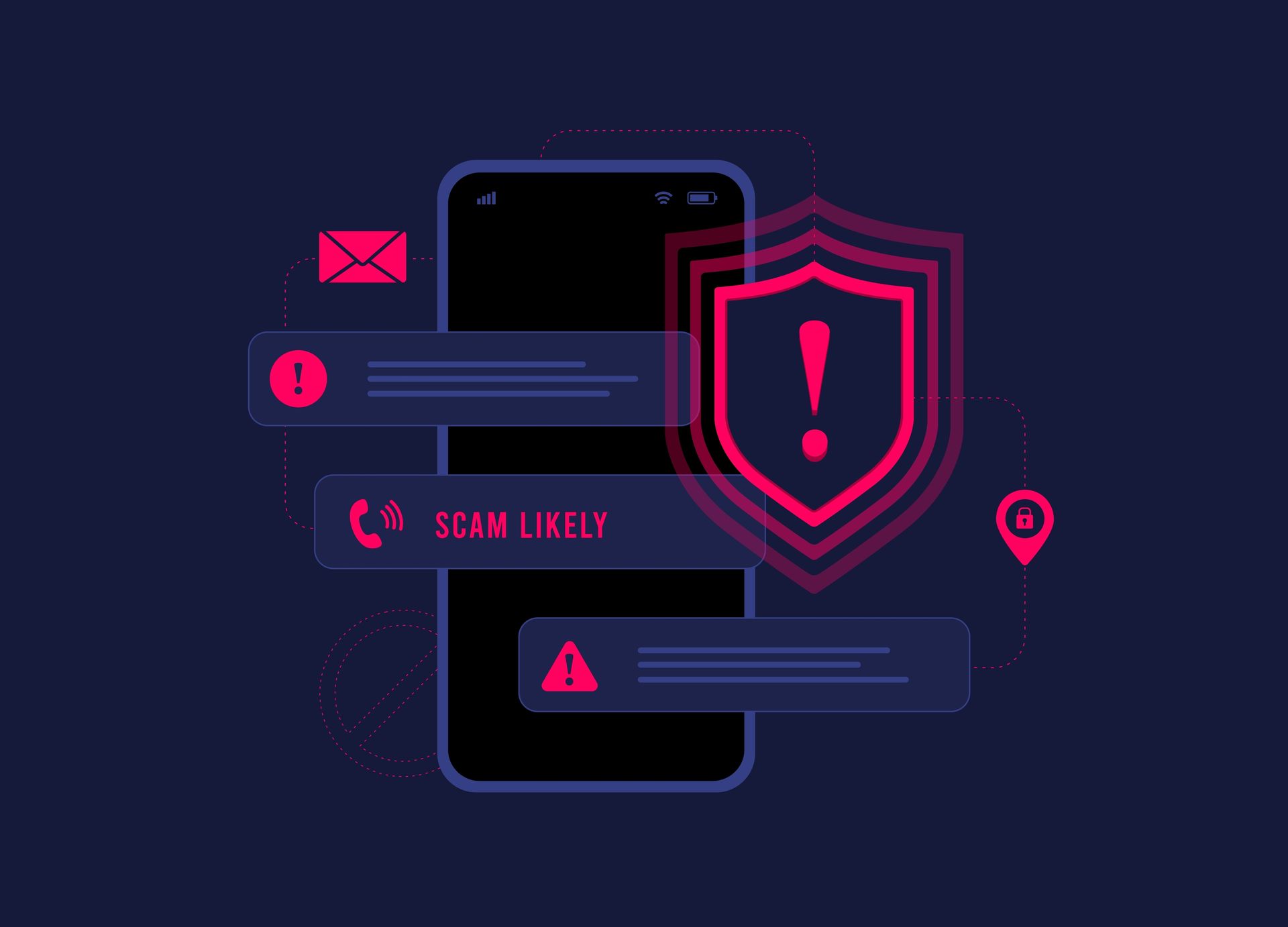 A cell phone with a shield and an exclamation point on it.