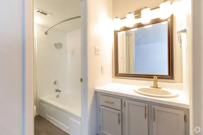 Bathroom with a white tub and vanity, a gold-framed mirror, and gray cabinets.