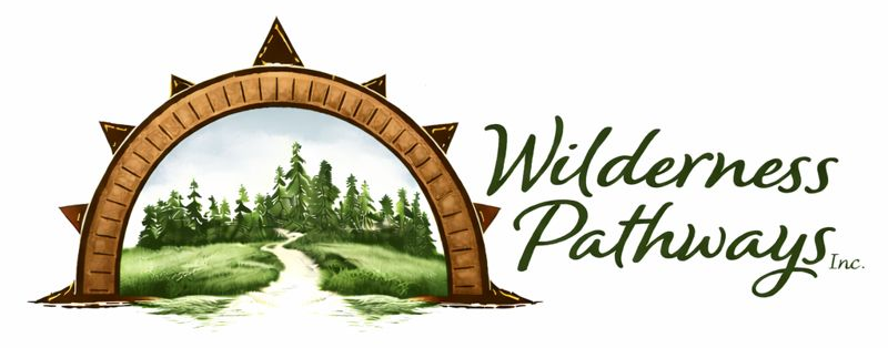 Wilderness Pathways logo with arched wooden frame, pine trees, and green script text