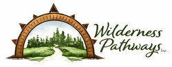 Wilderness Pathways logo with arched wooden frame, pine trees, and green script text