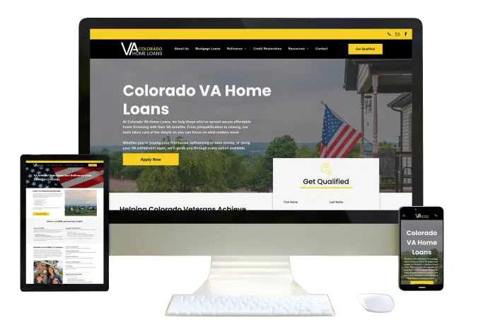 Responsive mortgage website shown on desktop, tablet, and phone screens