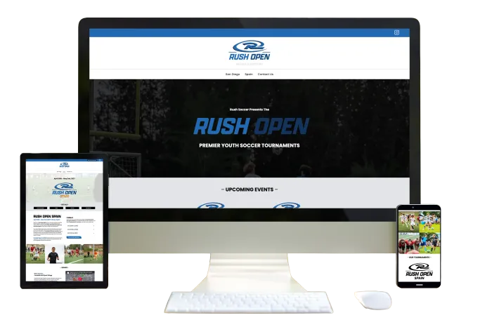 Responsive website shown on desktop, tablet, and phone with a blue-and-black “Rush Open” hero banner
