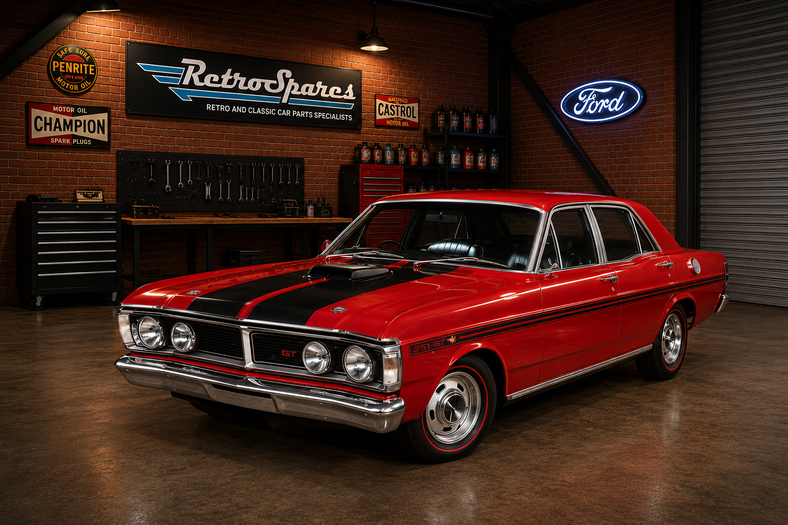 Red classic Ford Falcon displayed in a retro spares garage showroom with neon signs and brick walls