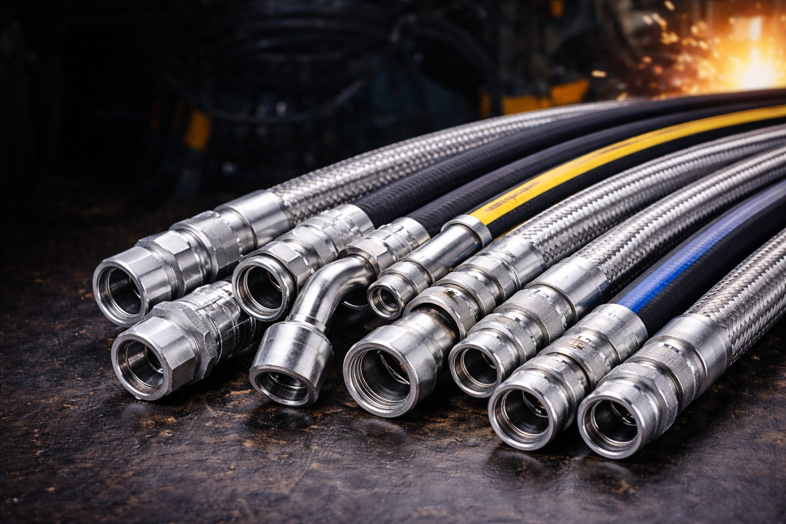 Industrial machine hose tested with a pressure gauge and control panel, in a workshop setting.