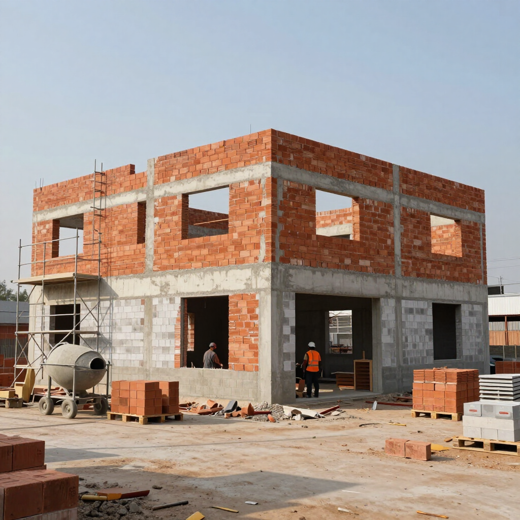 Partially built brick house with workers and construction materials on a site.