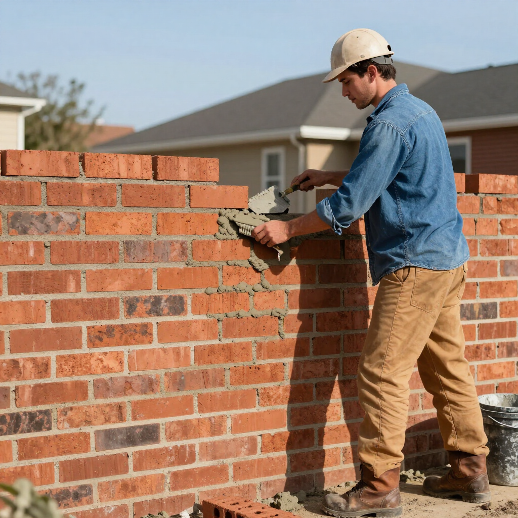 Construction worker laying bricks on a brick wall outdoors.