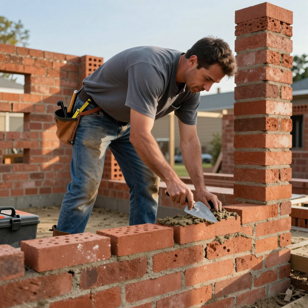 Worker laying bricks on a wall at a construction site.