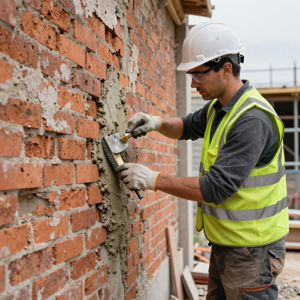 Construction worker in white hard hat applying plaster to a brick wall with a trowel and hawk.