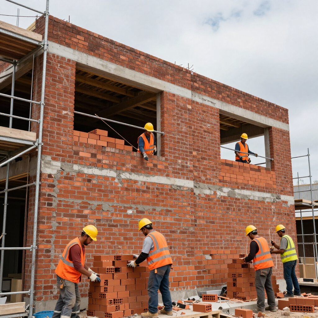 Construction workers in hard hats and orange vests building a brick wall at a site.