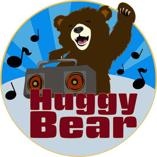 A logo for huggy bear shows a bear holding a boombox