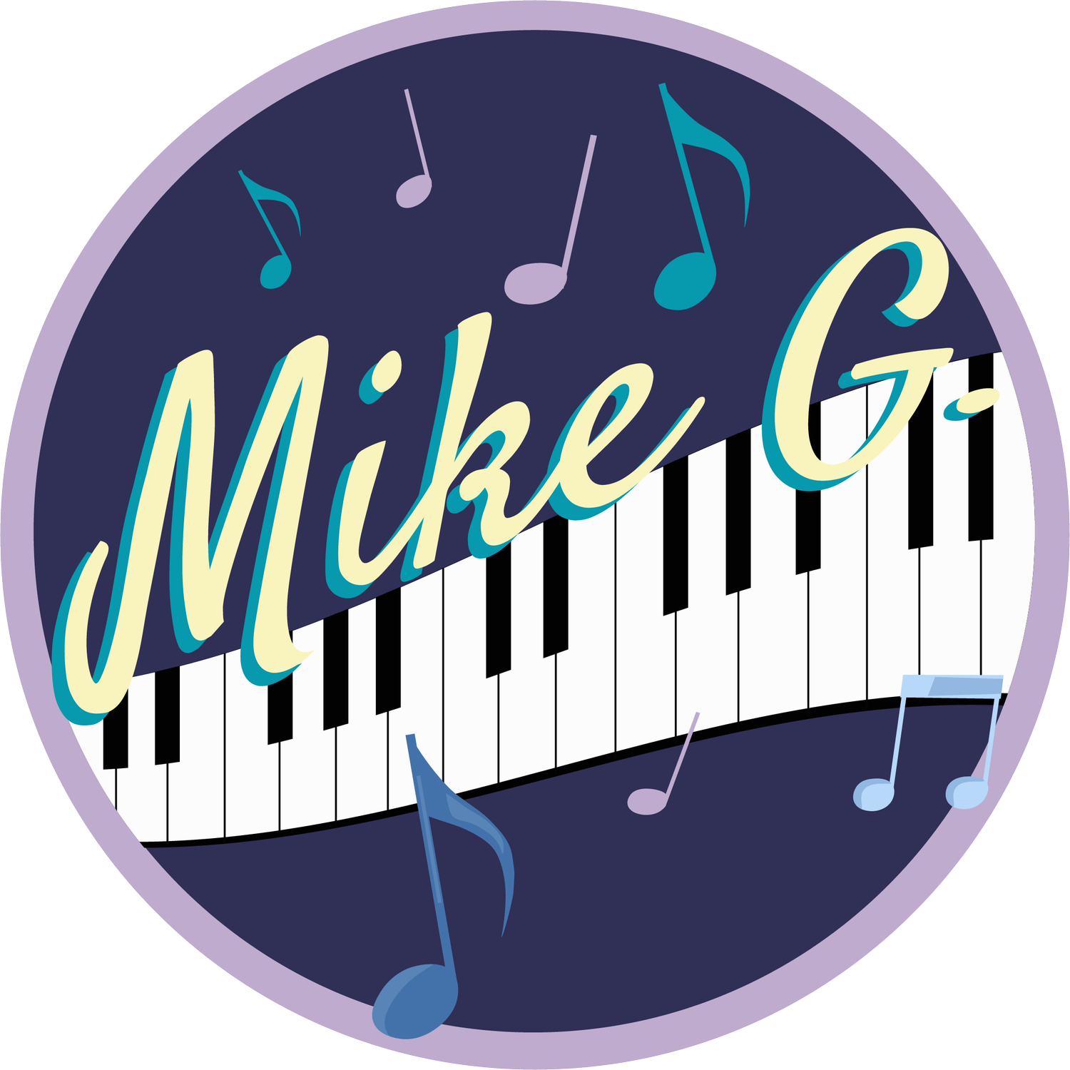 A logo for mike g. with a piano keyboard and music notes